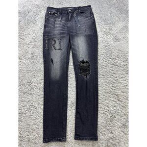 Amiri Jeans Men 30x29 Black Distressed Skinny Slim Studded Logo Embroidery NWT